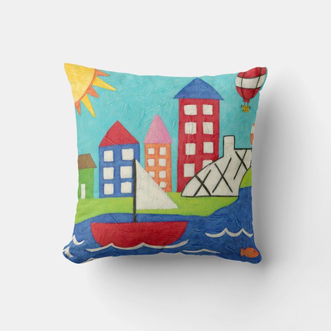 Sailboat and Hot Air Balloon with Cityscape Cushion (Front)
