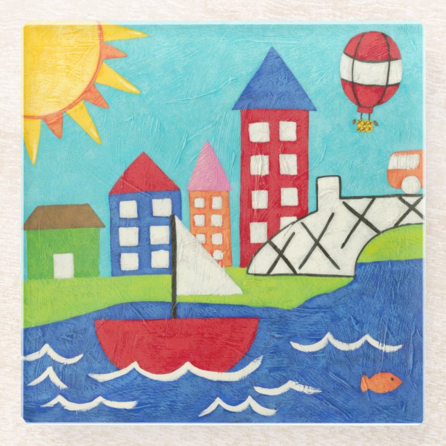 Sailboat and Hot Air Balloon with Cityscape Glass Coaster (Front)