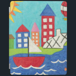 Sailboat and Hot Air Balloon with Cityscape iPad Cover<br><div class="desc">A cityscape serves as the background for a sailboat and a hot air balloon. A bright sun shines down on the scene,  and a cute fish swims under the water. Purchase this peaceful print today!</div>