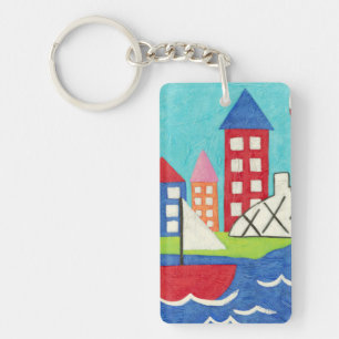 Sailboat and Hot Air Balloon with Cityscape Key Ring