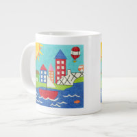 Sailboat and Hot Air Balloon with Cityscape