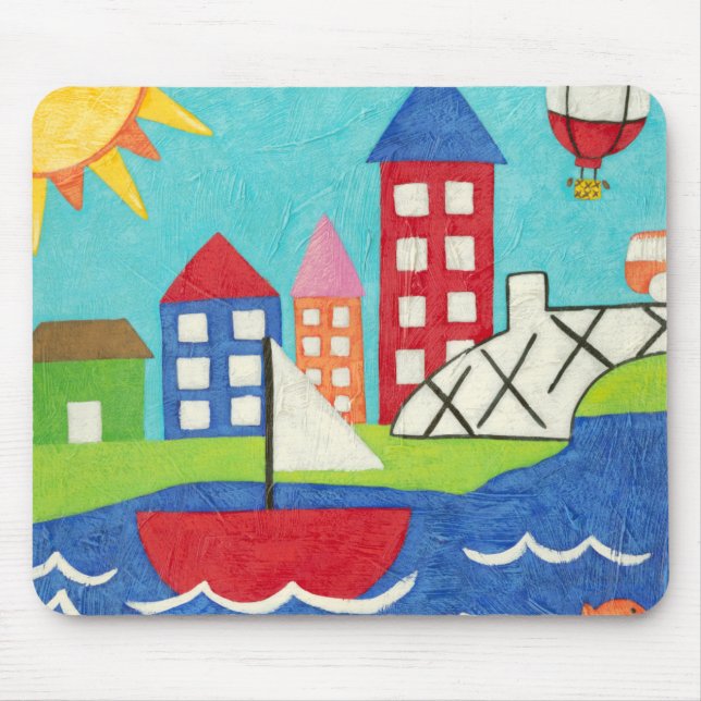 Sailboat and Hot Air Balloon with Cityscape Mouse Pad (Front)