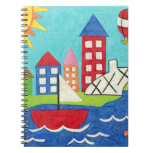 Sailboat and Hot Air Balloon with Cityscape Notebook