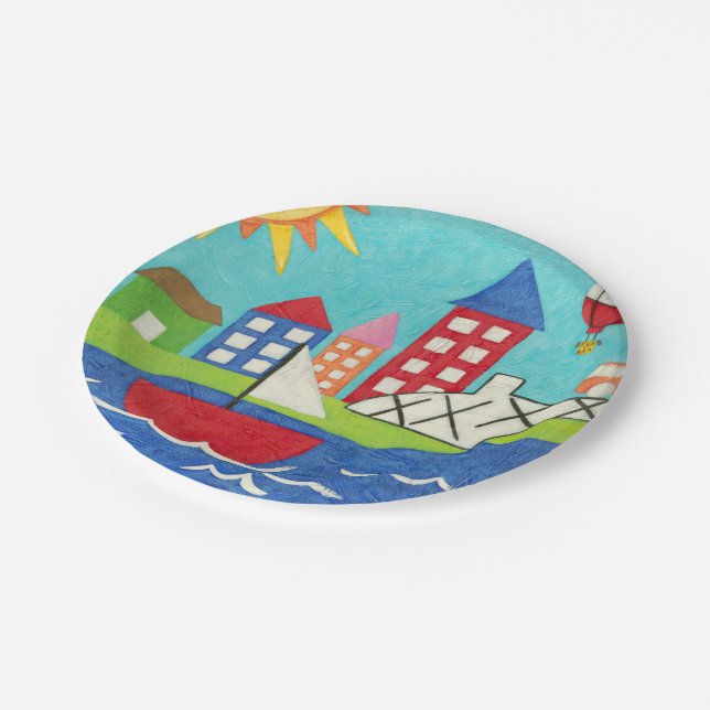 Sailboat and Hot Air Balloon with Cityscape Paper Plate (Angled)