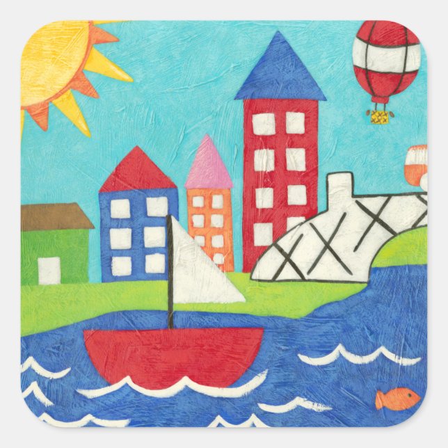 Sailboat and Hot Air Balloon with Cityscape Square Sticker (Front)