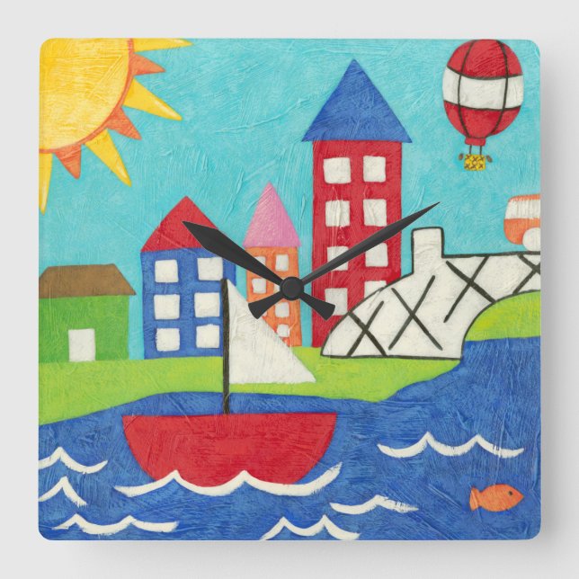 Sailboat and Hot Air Balloon with Cityscape Square Wall Clock (Front)