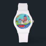 Sailboat and Hot Air Balloon with Cityscape Watch<br><div class="desc">A cityscape serves as the background for a sailboat and a hot air balloon. A bright sun shines down on the scene,  and a cute fish swims under the water. Purchase this peaceful print today!</div>