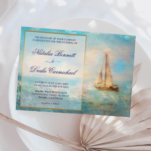 Sailboat and Sea   Nautical Navy and Gold Wedding Invitation