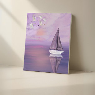 Sailboat and Swans at Sunset – Purple Canvas Wall  Print