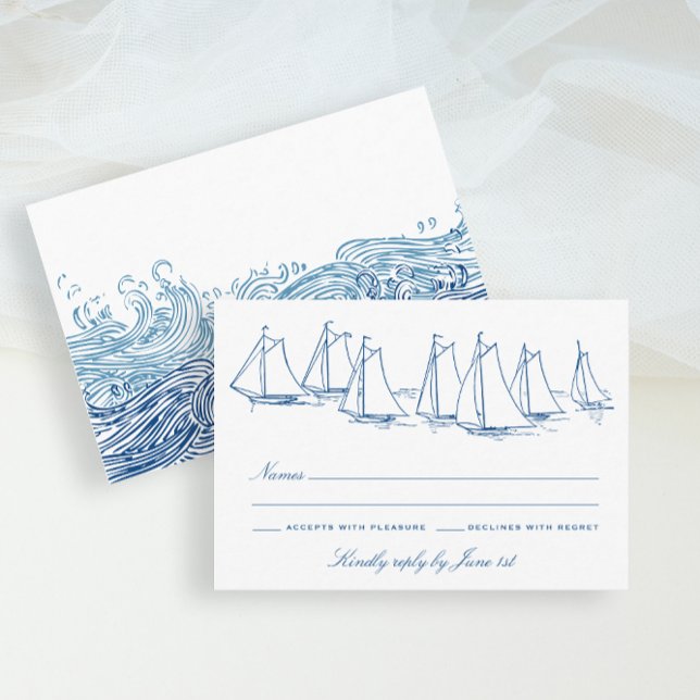 Sailboat and Waves Blue Yacht Club Wedding RSVP Card (Sailboat and Waves Wedding RSVP card for an Elegant Navy Blue Yacht Club Wedding by Concertina Press)