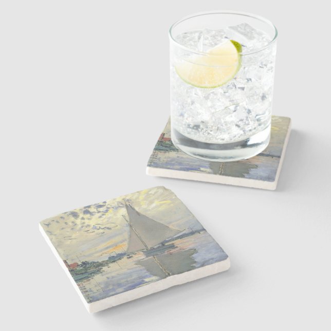 Sailboat at Le Petit-Gennevilliers by Claude Monet Stone Coaster (Side)