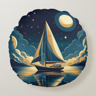 Sailboat at night round cushion