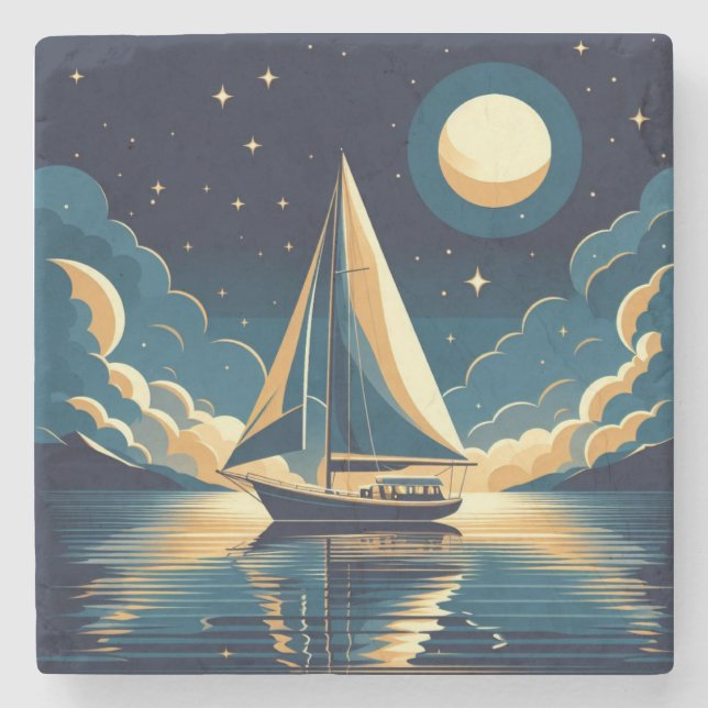 Sailboat at night stone coaster (Front)