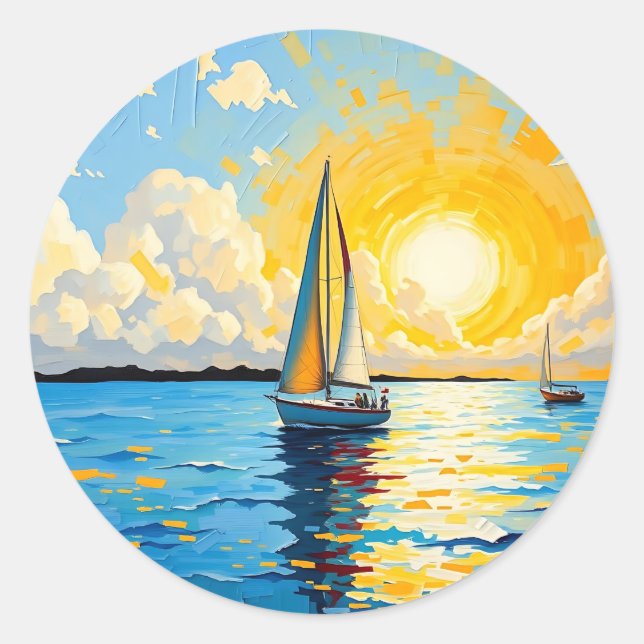 Sailboat at Sunset Classic Round Sticker (Front)