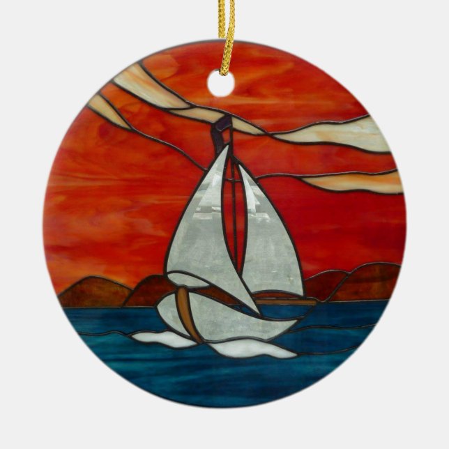 Sailboat at Sunset Stained Glass Art Design Ceramic Tree Decoration (Front)