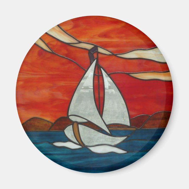 Sailboat at Sunset Stained Glass Art Design Magnet (Front)