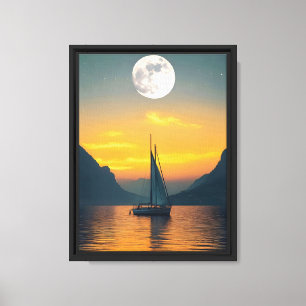 Sailboat at Sunset with Full Moon – Peaceful Wall Canvas Print