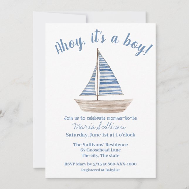 SAILBOAT Baby BOY Shower Invitation (Front)