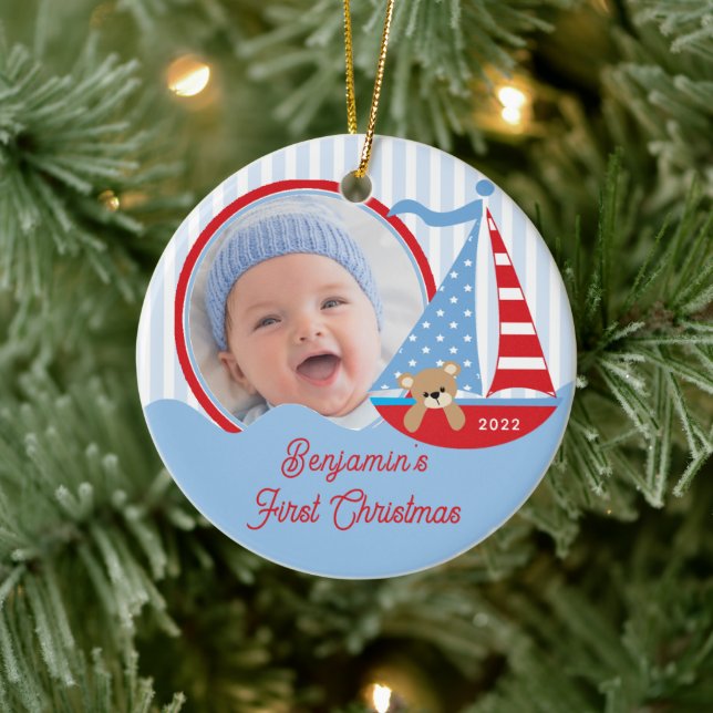 Sailboat Baby's First Christmas Photo Ornament  (Tree)