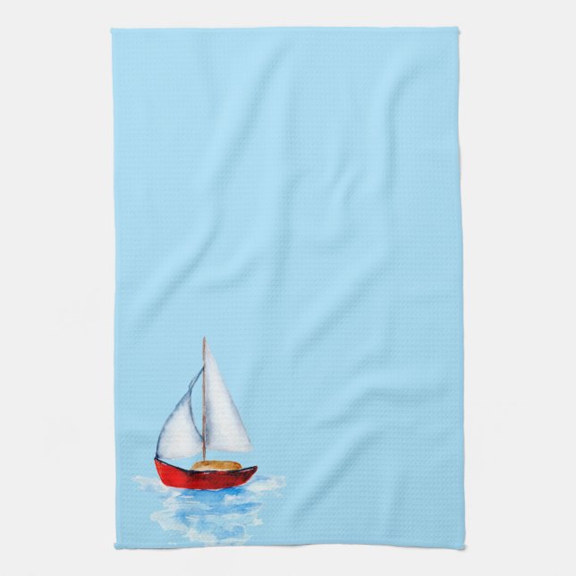 Sailboat blue coastal water tea towel (Vertical)