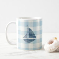 Sailboat Blue Gingham Check Pattern Coffee Mug