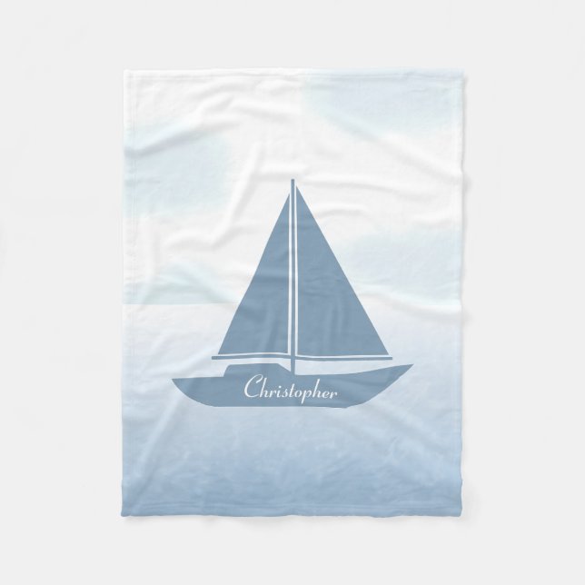 Sailboat Blue Watercolor Fleece Blanket (Front)
