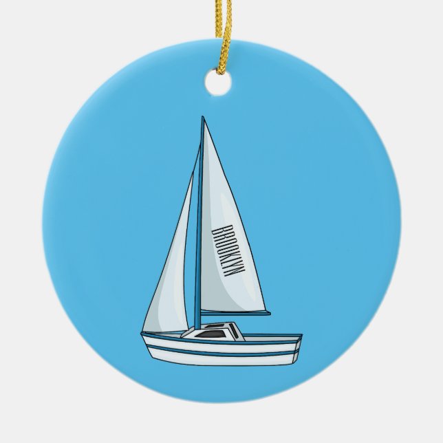 Sailboat cartoon illustration  ceramic tree decoration (Front)