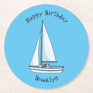 Sailboat cartoon illustration round paper coaster