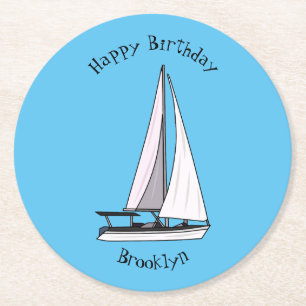 Sailboat cartoon illustration round paper coaster