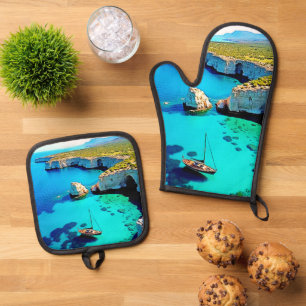 Sailboat Cliffside Sanctuary Art Oven Mitt & Pot Holder Set