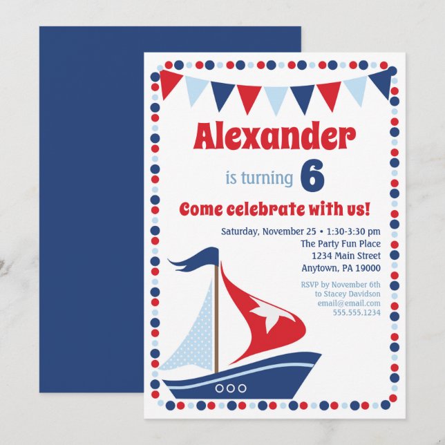 Sailboat Invitation Kids Sail Boat Birthday Party (Front/Back)