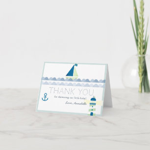 Sailboat & Lighthouse Nautical Blue Baby Shower Thank You Card