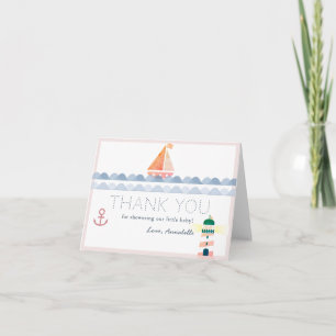 Sailboat & Lighthouse Nautical Pink Baby Shower Thank You Card