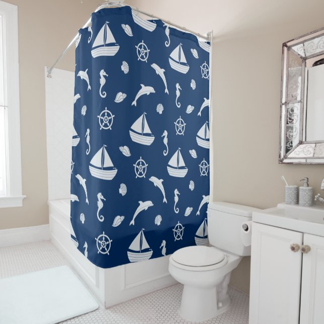 Sailboat & Marine Life Pattern Shower Curtain (In Situ)