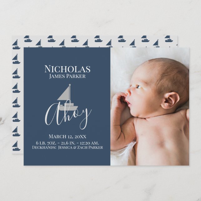 Sailboat Nautical Birth with Photo Announcement (Front/Back)