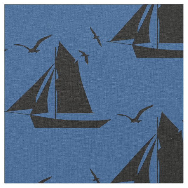 Sailboat Nautical Blue Fabric (Close Up)
