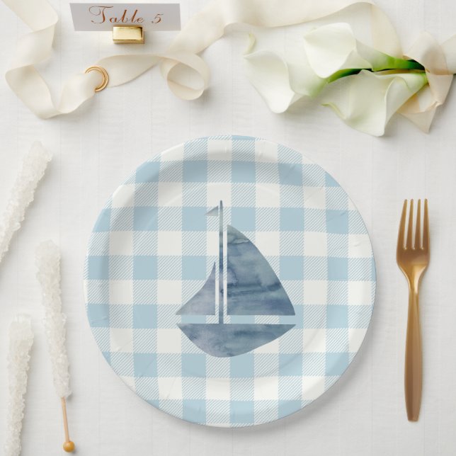 Sailboat Nautical Blue Gingham Check Pattern Paper Plate (Wedding)