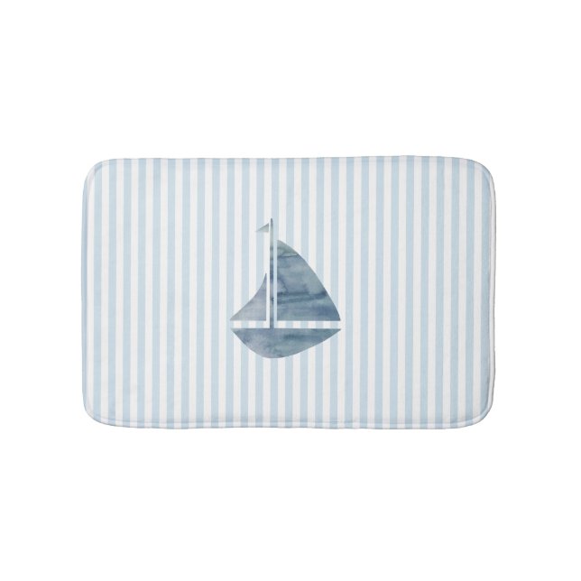 Sailboat Nautical Blue Stripe Bath Mat (Front)