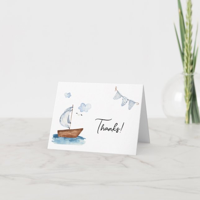 Sailboat Nautical Boy Baby Shower or Birthday Thank You Card (Front)