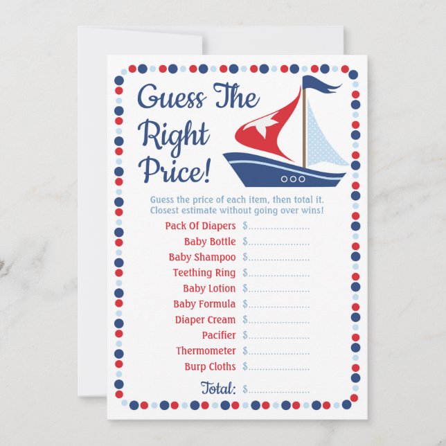 Sailboat Nautical Guess The Right Price Baby Game (Front)