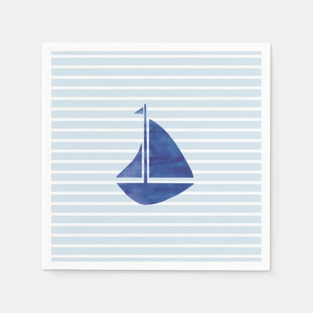 Sailboat Nautical Ocean Blue Stripe Paper Napkin (Front)