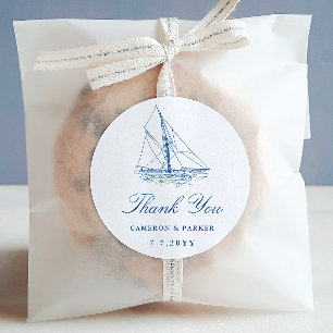 Sailboat Navy Blue Thank You Wedding Favor Classic Round Sticker