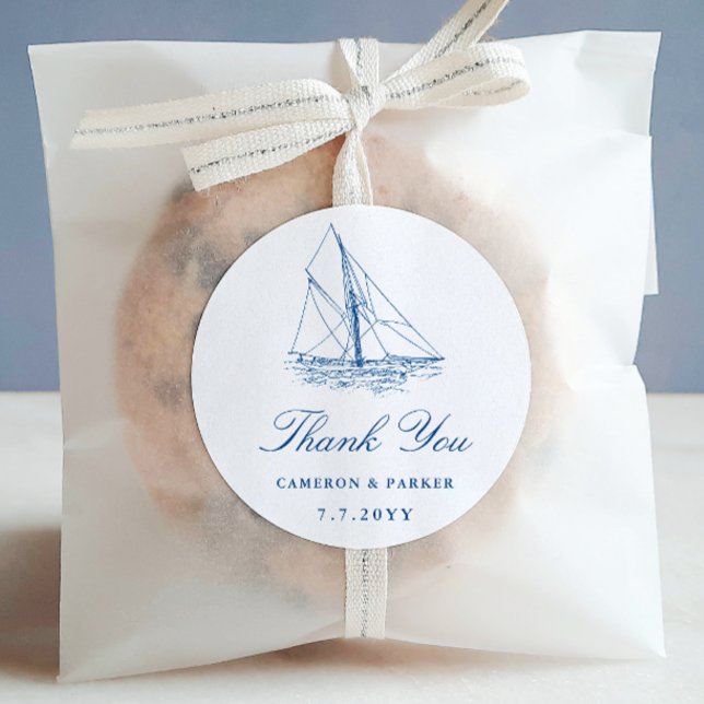 Sailboat Navy Blue Thank You Wedding Favour Classic Round Sticker (Sailboat Thank You Wedding Favor labels for a Navy Blue Elegant Nautical Wedding by Concertina Press)