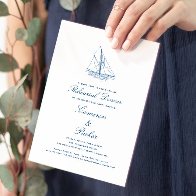 Sailboat Navy Blue Wedding Rehearsal Dinner Invitation (Navy Blue Sailboat Casual Rehearsal Dinner invitation for a Coastal Chic Wedding by Concertina Press)