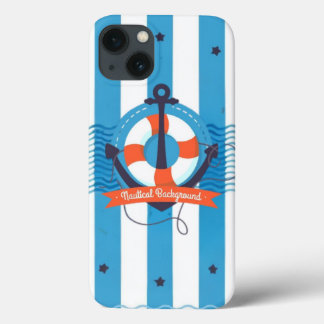 Sailboat Navy Blue White Stripe Wood Grain Pattern iPhone 13 Case