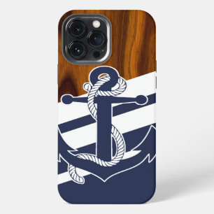 Sailboat Navy Blue White Stripe Wood Grain Pattern iPhone 13 Pro Max Case