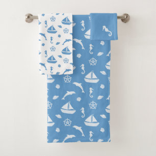 Sailboat Ocean Theme Nautical Blue and White Bath Towel Set