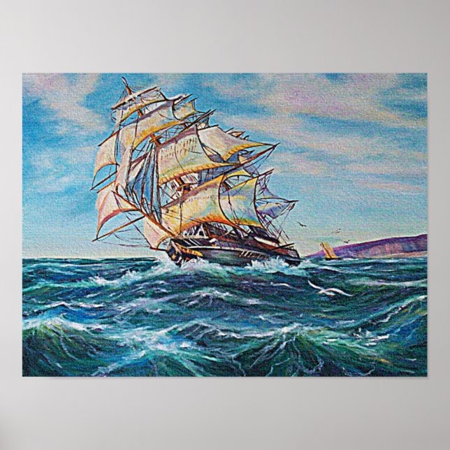 Sailboat on Rough Sea Waters Small Poster (Front)