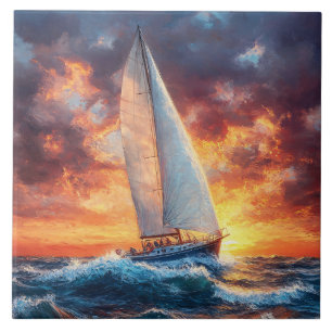 Sailboat on Rough Seas Painting Tile