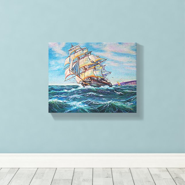 Sailboat on Rough Waters Fine Art Painting 10x8 Canvas Print (Insitu(Wood Floor))